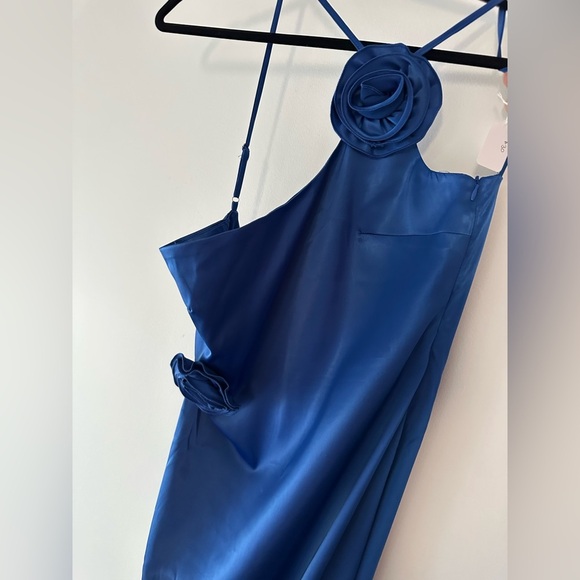 NWT Blue Satin Dress Open Back One Shoulder with Floral Rose Details - Picture 4 of 9